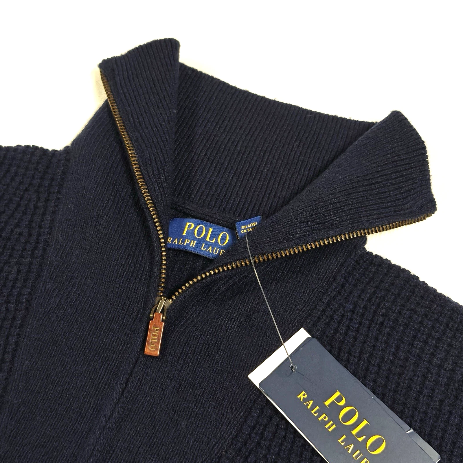 Ralph Lauren Quarter Zip Navy Blue Wool Waffle Knit Wool Jumper Medium 4250G