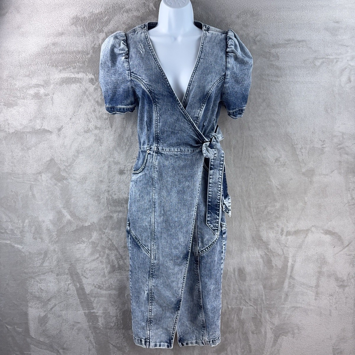 Retrofete Zelda Wrap Dress Womens Size Small Blue Denim Puff Sleeve Wrap