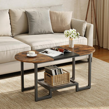Coffee Table, Oval Small Coffee Table with 2-Tier Storage Shelf, Narrow Modern C