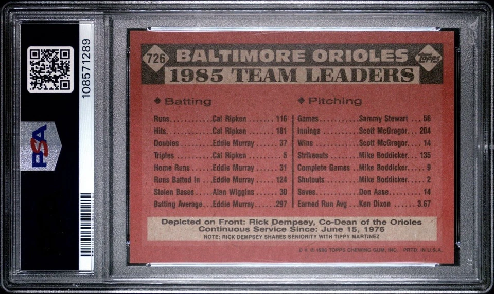 1986 Topps #726 Rick Dempsey Orioles Leaders PSA 10 GEM MINT Baltimore Orioles - Image 2 of 3