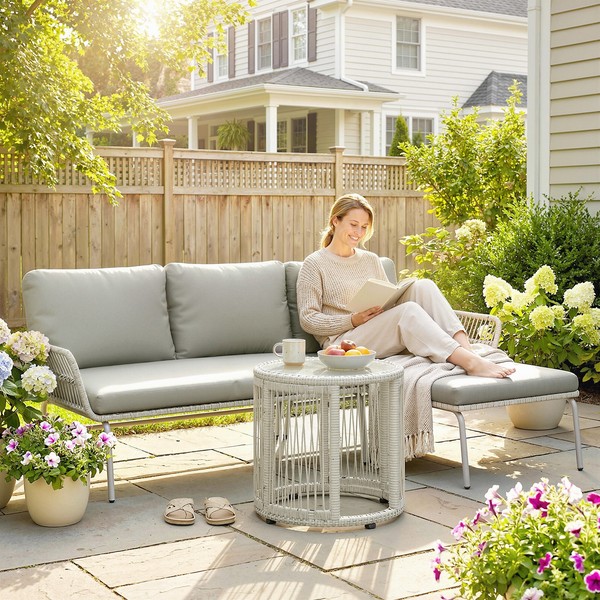 Outsunny Polyrattan GartenmöBel Set 3-Teilig, Lounge Set Mit Chaiselongue-image