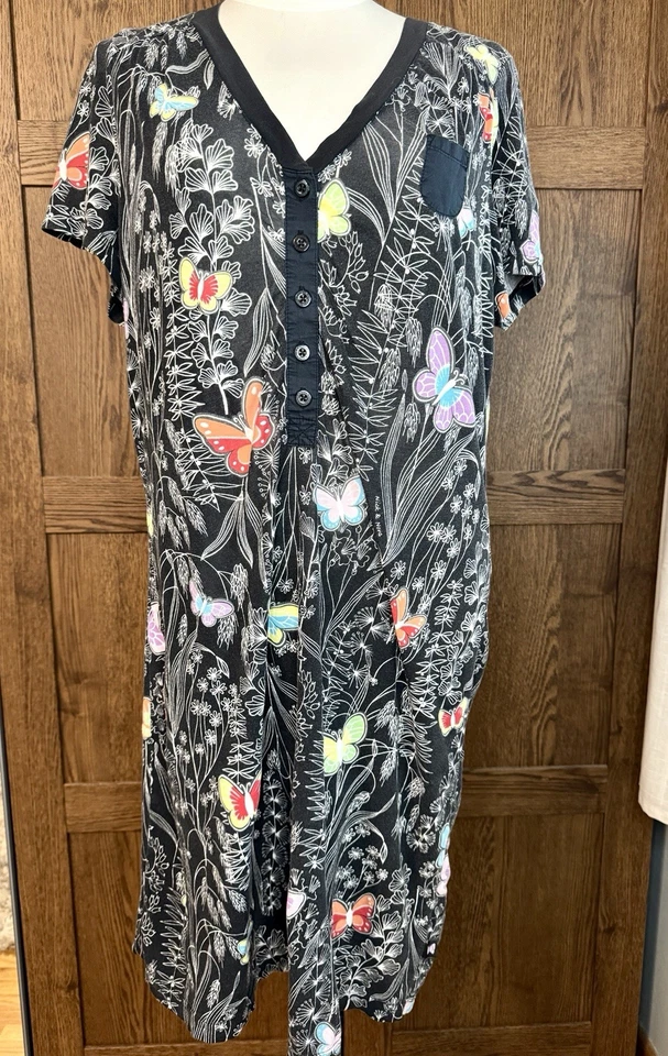 Vestido de salón Nick & Nora negro para dormir para mujer pequeñas flores mariposas ropa de dormir Foto 2 de 4