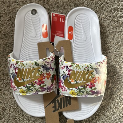 Nike Victori One Womens Print Slides Sandals White Gold Floral