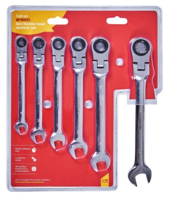 6 Pc Flexible Head Gear Ring Ratchet Action Wrench Spanner Set 8-17Mm 72 Tooth