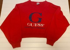 Guess USA Womens Sweatshirt Cropped Round Neck Pullover Red One Size Vintage