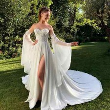 Chiffon Wedding Dresses High Slit Bohemian Wedding Gowns With Detachable Sleeves