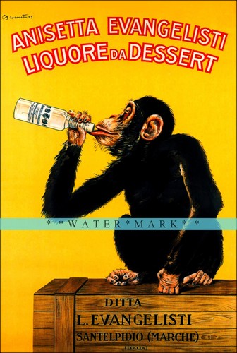 Anisetta Evangelisti 1925 Vintage Posterdruck italienischer Schnaps Party Affe