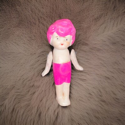 Rare Pink Haired Frozen Bisque Kewpie Baby Dolls With Jointed Arms Japan 3.25in