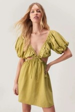 Nasty Gal Linen Mix Cut Out Skater Dress Sage UK 6