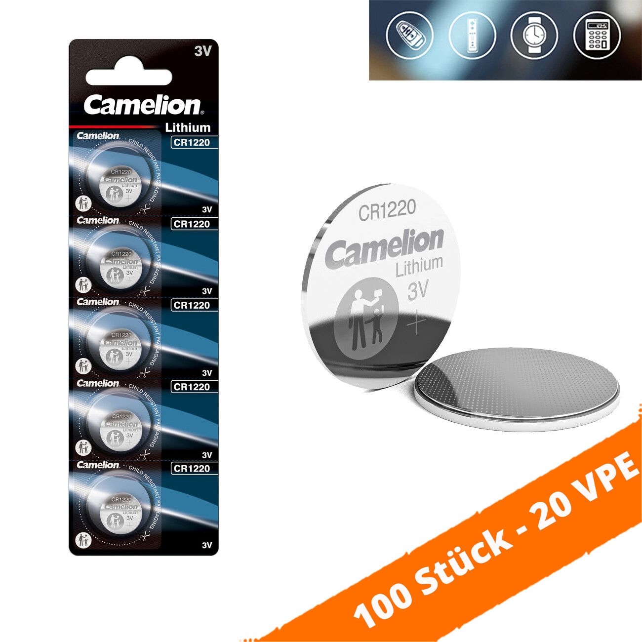 Thumbnail - 100 X Camelion Cr1220 3v Lithium Batterie Knopfzelle 25mah - 20 X 5er