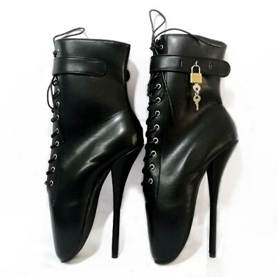 Womens PU Leather Side Zip Super High Heels Buckle Belt Decor Ballet Ankle Boots