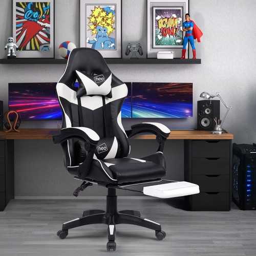 Neo Chair Gaming Office PU Leather Massage Sport Racing Lumbar Headrest Footrest - Picture 65 of 87