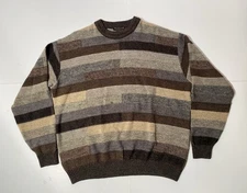 VTG Tosani Sweater XL Wool Blend Geometric Striped Brown Beige Made in Canada