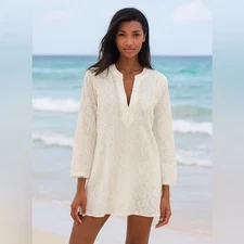 Melissa Odabash White Cotton Long Sleeve Cover Up  Eyelet Floral Design Medium