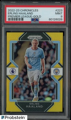 2022-23 Panini Chronicles PL Soccer Gold Prizm #223 Erling Haaland 5/10 PSA 9