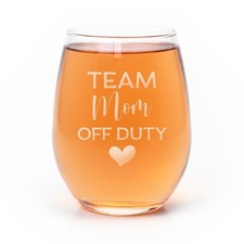 Team Mom Off Duty Wine Glass Funny Etched Gift