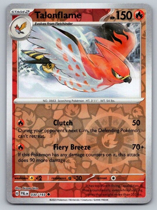 Talonflame 030/193 Uncommon Paldea Evolved Pokemon Reverse Holo Near Mint