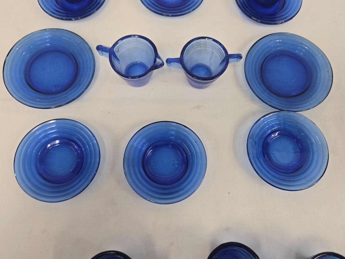 15 PCS Vintage Akro Agate Cobalt Blue Glass Childrens Tea Sets