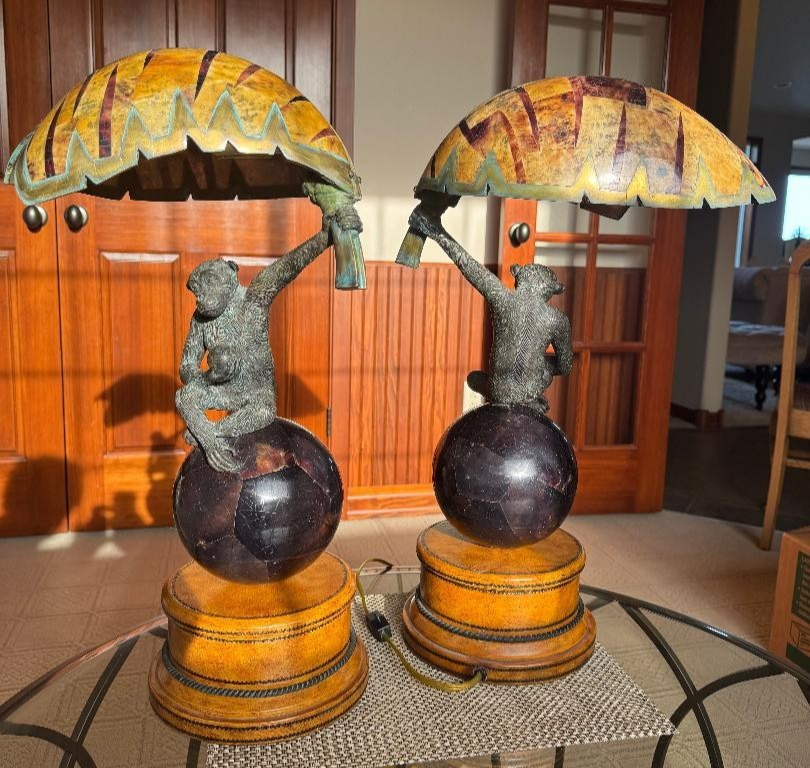 Maitland Smith pair of 2 bronze monkey lamps with penshell shade