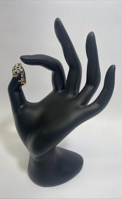 Gold Tone Jaguar Ring Black With Green Eyes Signed SUPER Size 8