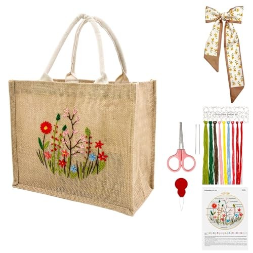 Kit broderie tote bag lin imprimé oiseau avec fils colorés pour débutant passionné de DIY