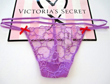 VICTORIA'S SECRET PINK Wink V-String Thong Panty L Purple Heart Lace Red Bow NWT