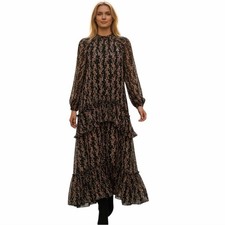Zara Black Floral Long Sleeve Midi Dress with a tiered skirt Size XS