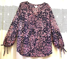 Liz Claiborne Women Tunic Pintuck Peasant pink/blue, long tie cuffs sleeves  2X