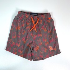 Psycho Bunny Boys Swim Trunks Grey Neon Orange Red Bunny Skull Logo Size 4 XXS