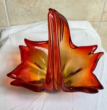 Tolle orange Murano Glas Schale 50er-60er Jahre Obst, Zipfelschale Henkelschale