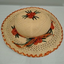Vintage Straw Hat Flat Style Child or Doll Size Green Orange Raffia Ribbons Bows