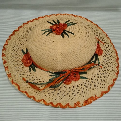 Vintage Straw Hat Flat Style Child or Doll Size Green Orange Raffia Ribbons Bows