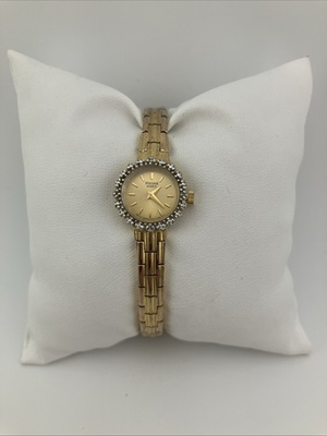 #ad Vtg Pulsar Ladies 17mm Watch Gold Tone Diamond Bezel Round Dial 6.5quot; V400 L RUNS $49.99
