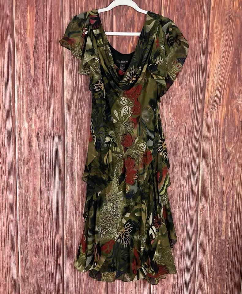 Vestido Midi Vintage Signature By Robbie Bee Decote Capuz Tamanho 8 Fada Etéreo Y2K Verde - Imagem 4 de 4