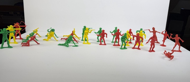 1960’s Toy Cowboy & Indian Figures, Yellow /Green/ Red Unknown Brand Lot Of 28