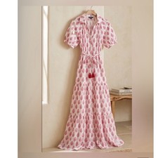 Roller Rabbit Dress Women L Pink Block Print Maxi Tiered Tassel Cotton Target