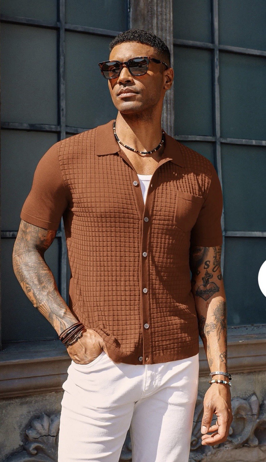 PJ PAUL JONES Orange Textured Knit Short Sleeve Button-Up Shirt Men's S