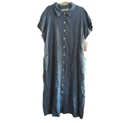 Susan Bristol Women's Blue Dress Midi 2W Linen Blend Button Front Short Sleeve