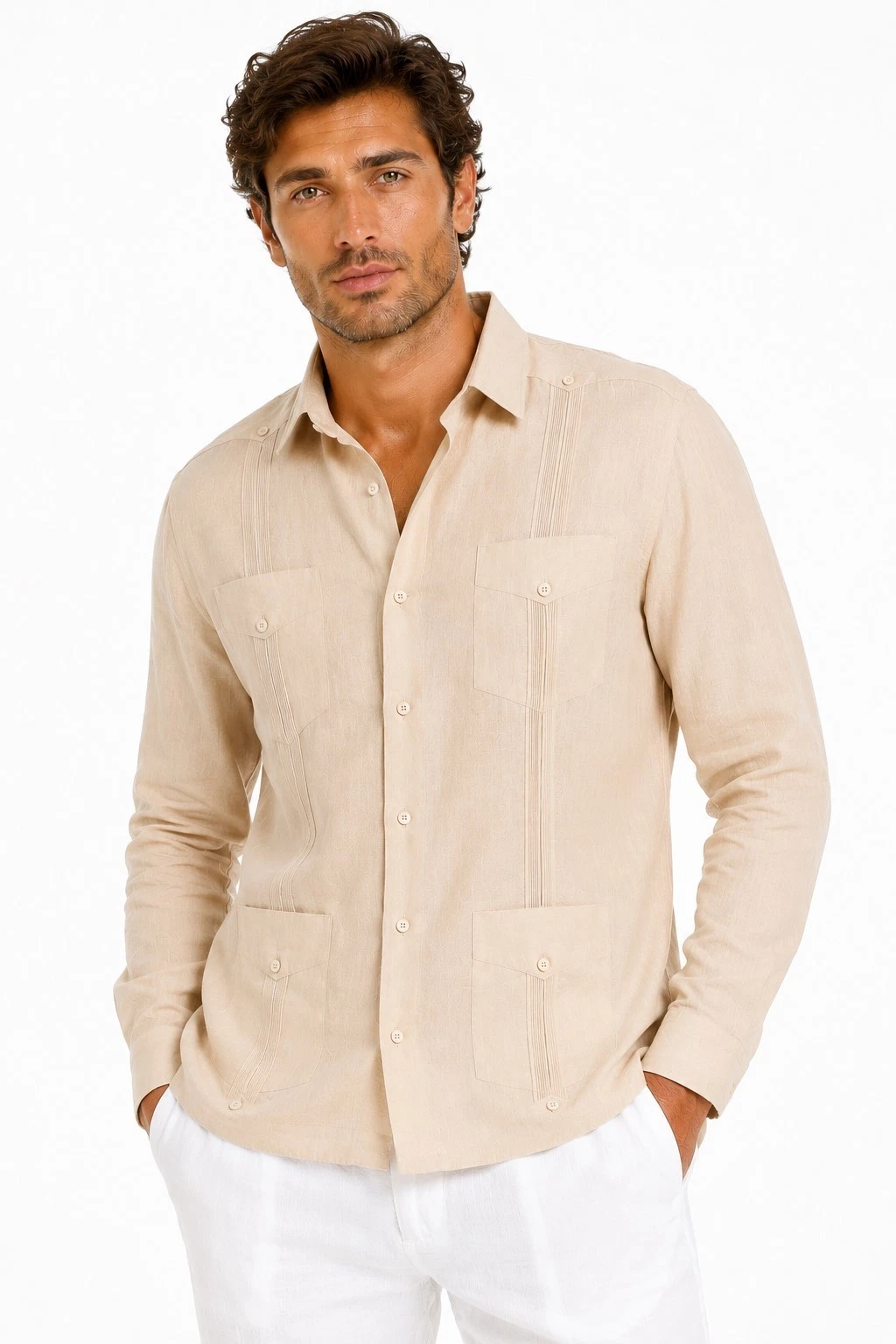 Bohio 100% Soft Linen Guayabera Men Shirt - Natural Traditional 4 Pocket -MLS401