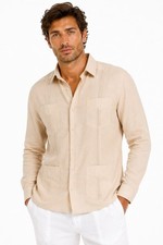 Bohio 100 Soft Linen Guayabera Men Shirt - Natural Traditional 4 Pocket -MLS401