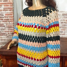 Gehäkelt Strickjacke Pullover Regenbogen Sweatshirt Handarbeit 100% Baumwolle M