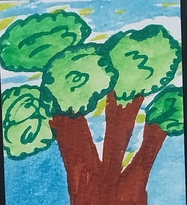 ACEO Original Painting ATC Art Whimsical Tree Landscape Signed By GAT 3.5x2.5 In