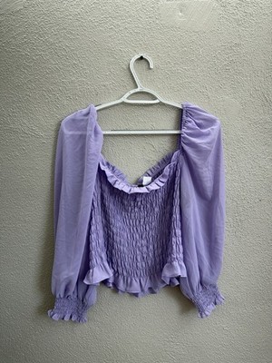 Divided H&M Womens Top Size Large Purple Fitted Smocked Crop Top Long Sleeve