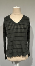 MINNIE ROSE Size Small Green  Black Distressed Fray Edge Cashmere Sweater