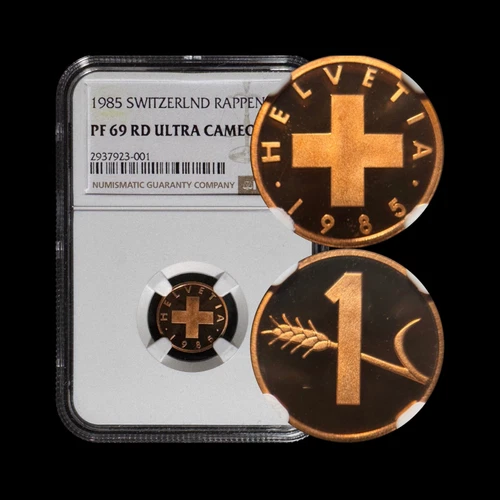 SWITZERLAND. 1985, 1 Rappen - NGC PF69 - Top Pop🥇 Swiss Cross, Wheat Spike RARE
