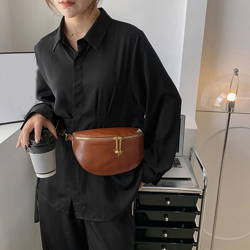 Crossbody Waist Bag Vintage Leather Women Wide Strap Small Fanny