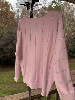 Rain + Rose Women Large Long Sleeve Shirt Sparkled Pink Sweater Sequin