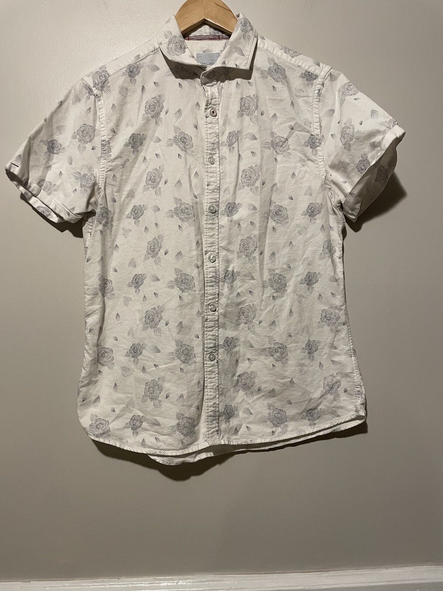 Steel Jelly Mens Medium White Rose Floral Print Short Sleeve