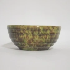 Antique Morton Pottery Woodland Splatterware Ribbed Nesting Bowl 7" Green Brown