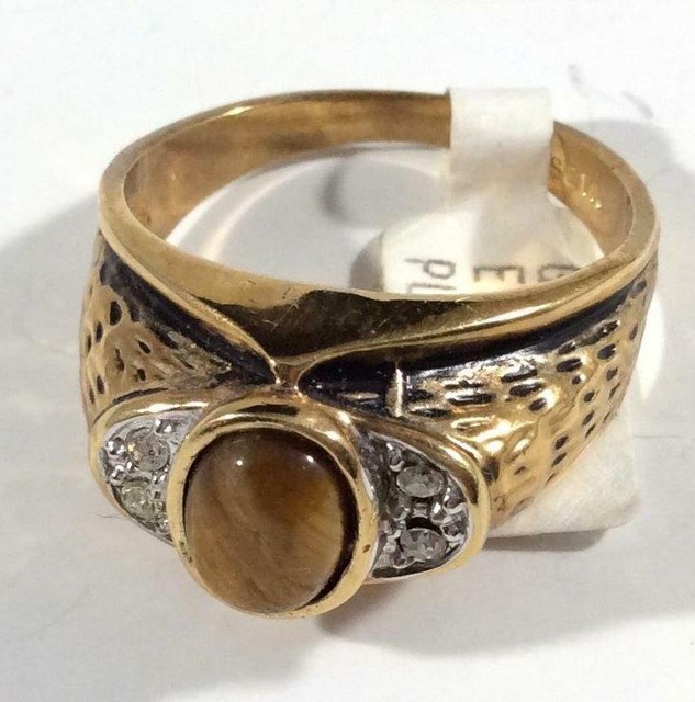 Seta PalmBeach Men's Oval Tiger's Eye Crystal Accent 14k Yellow Gold